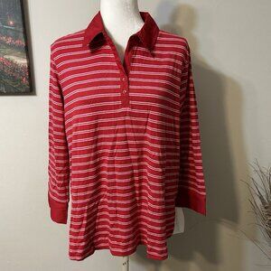NWT In Due Time Maternity Red & Pink Stripe Knit 3/4 Sleeve Polo Shirt Cotton L